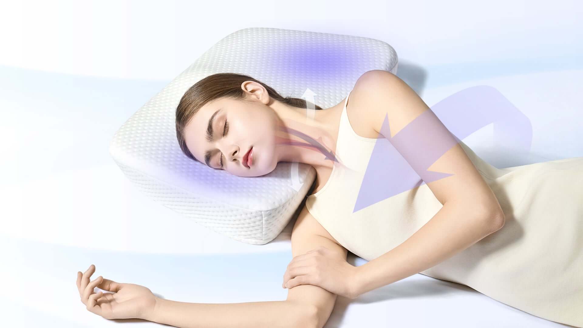 Woman sleeping comfortably on ergonomic pillow with airflow design for neck support and alignment in blue background.
