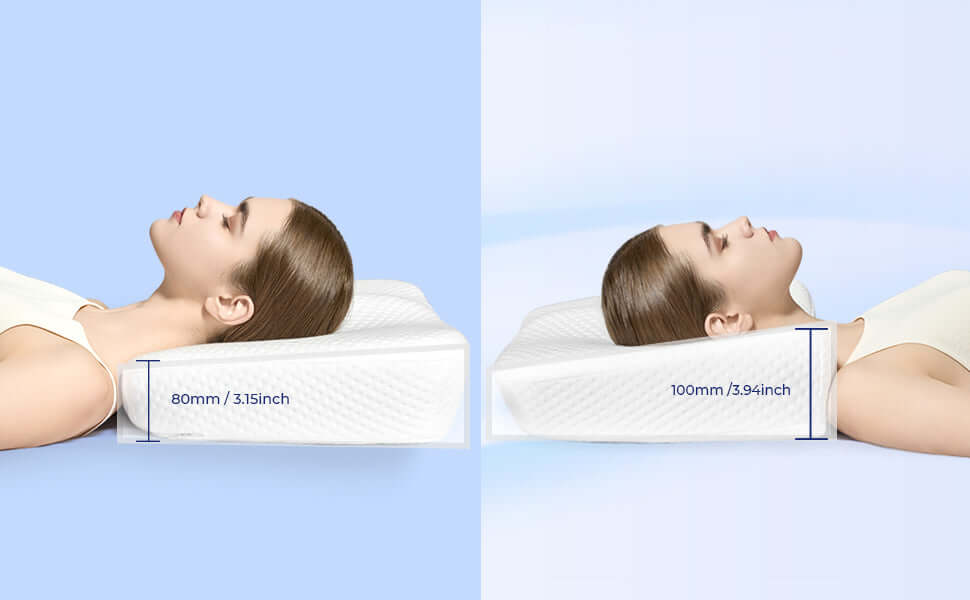 Two women demonstrating pillow thickness of 80mm and 100mm for ergonomic neck support on blue background.