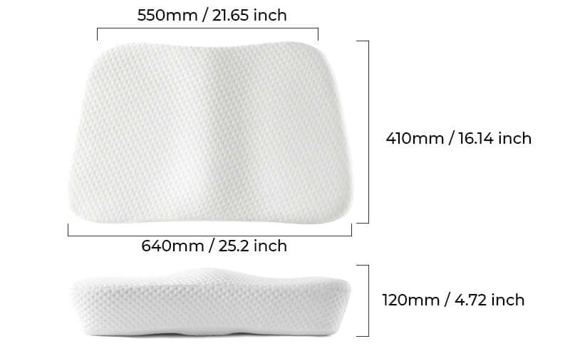 Memory foam pillow dimensions: 550mm x 410mm x 120mm, ergonomic design, side view and top view, comfortable and supportive.