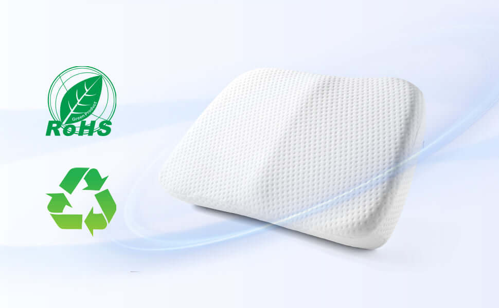 Eco-friendly white pillow with RoHS and recyclable symbols, showcasing sustainable design and material.