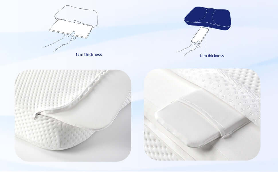 Orthopedic pillow with 1cm thickness, detailed view of removable cover and stitching, highlighting durability and comfort.