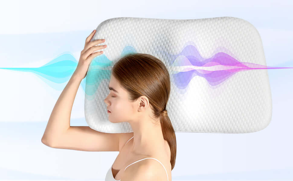 Woman resting with ergonomic pillow emitting soothing sound waves for sleep enhancement.