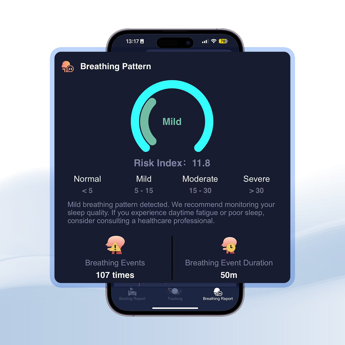 Smartphone app displaying AI Pillow's breathing pattern analysis and risk index with mild alert, 107 events, and 50 minutes duration.