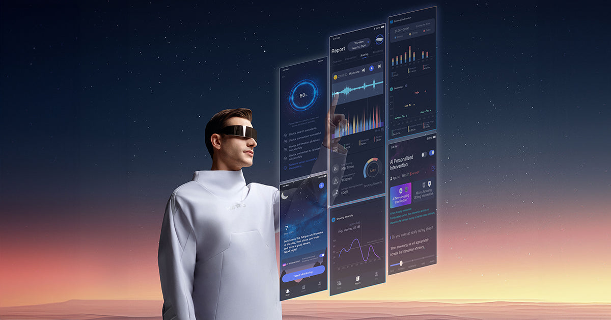 Futuristic man interacting with digital screens at sunset, showcasing data and technology.