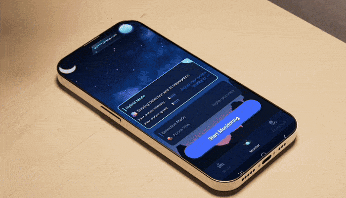 Smartphone displaying night sky theme with interactive sleep tracking app interface.