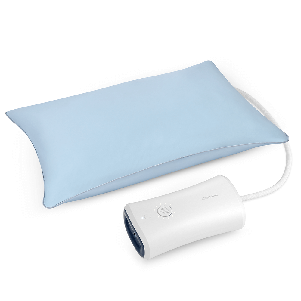 Nitetronic Cooling Pillowcase for Z6/Z1 with attached cooling device, featuring a sleek blue design.