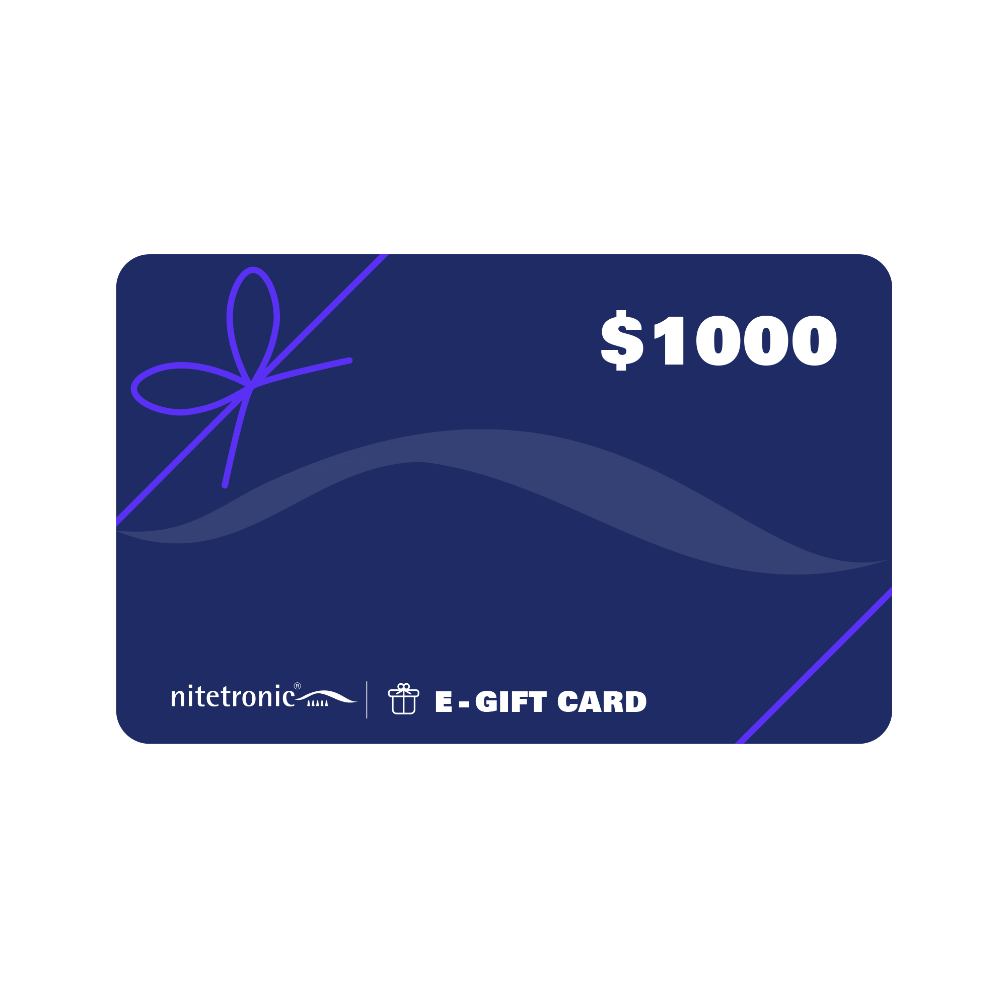 Nitetronic deep sleep e-gift card design with $1000 value in elegant blue with decorative ribbon and logo.