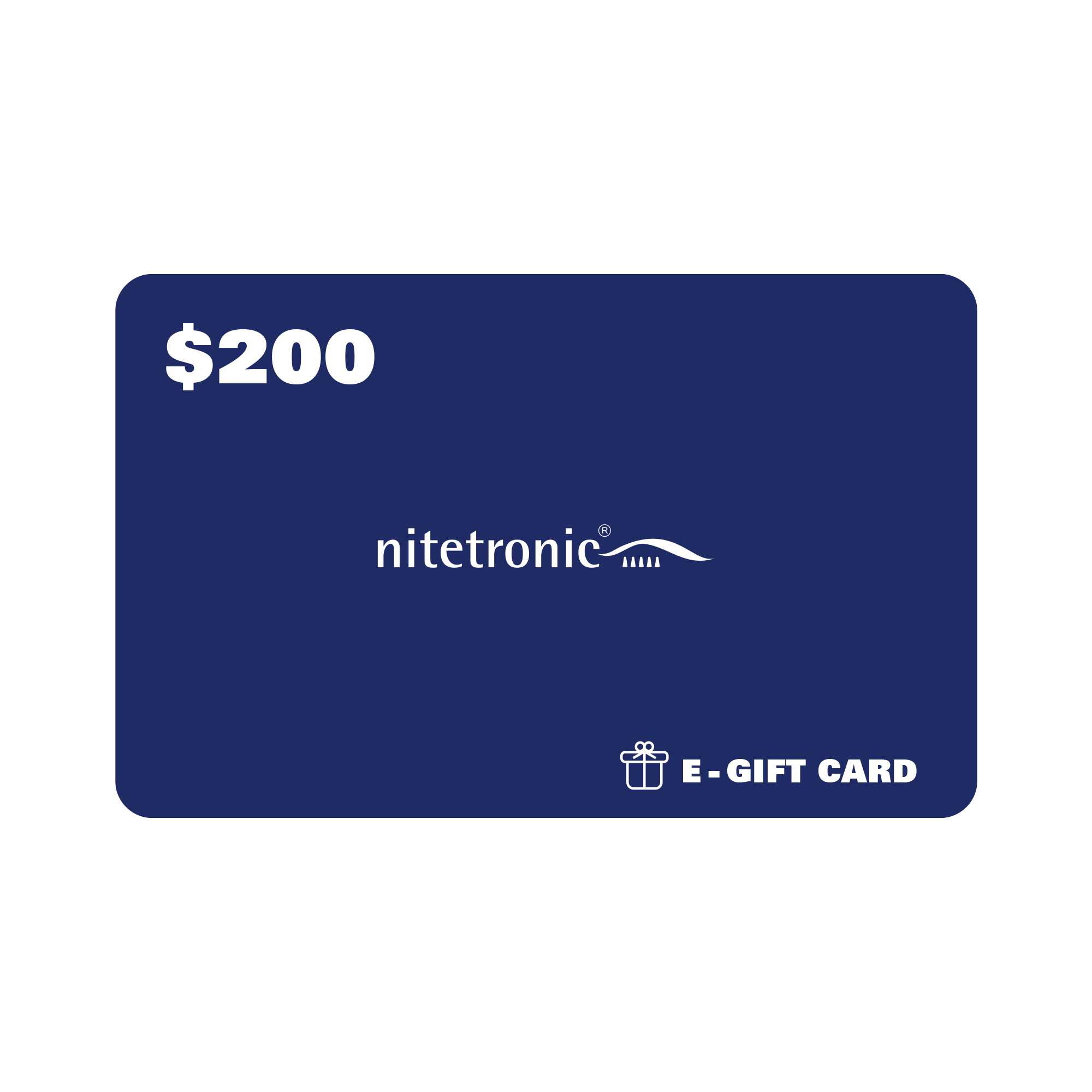 Nitetronic $200 Deep Sleep e-Gift Card on dark blue background, ideal gift for premium sleep products on nitetronic.com.