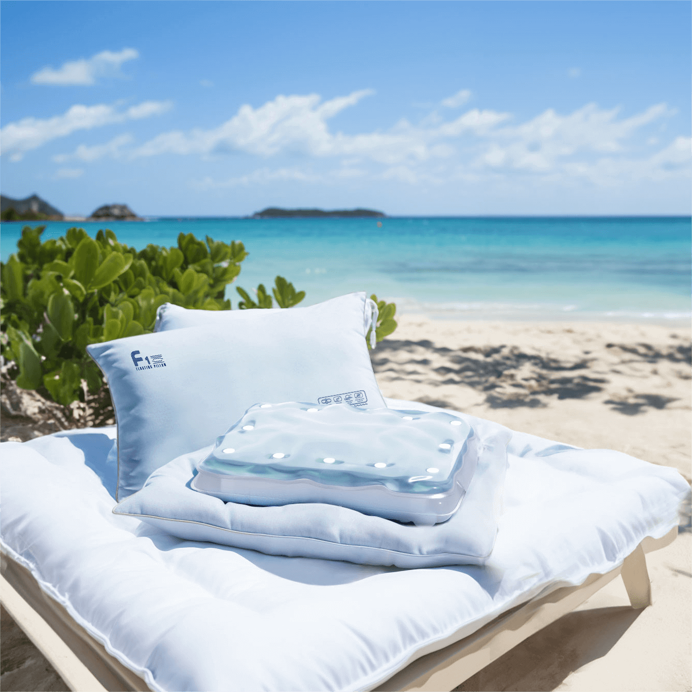 Luxury beach pillows and cushions on a lounge chair by the ocean, perfect for coastal relaxation and comfort.