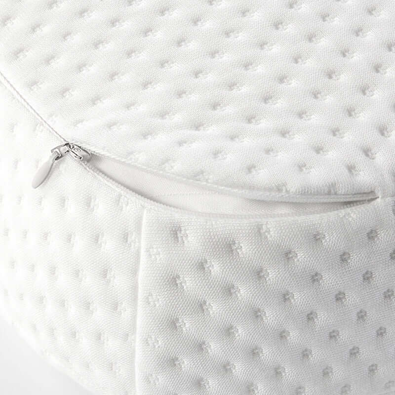 Close-up of Nitetronic Z10 pillowcase with zipper and textured fabric in white.