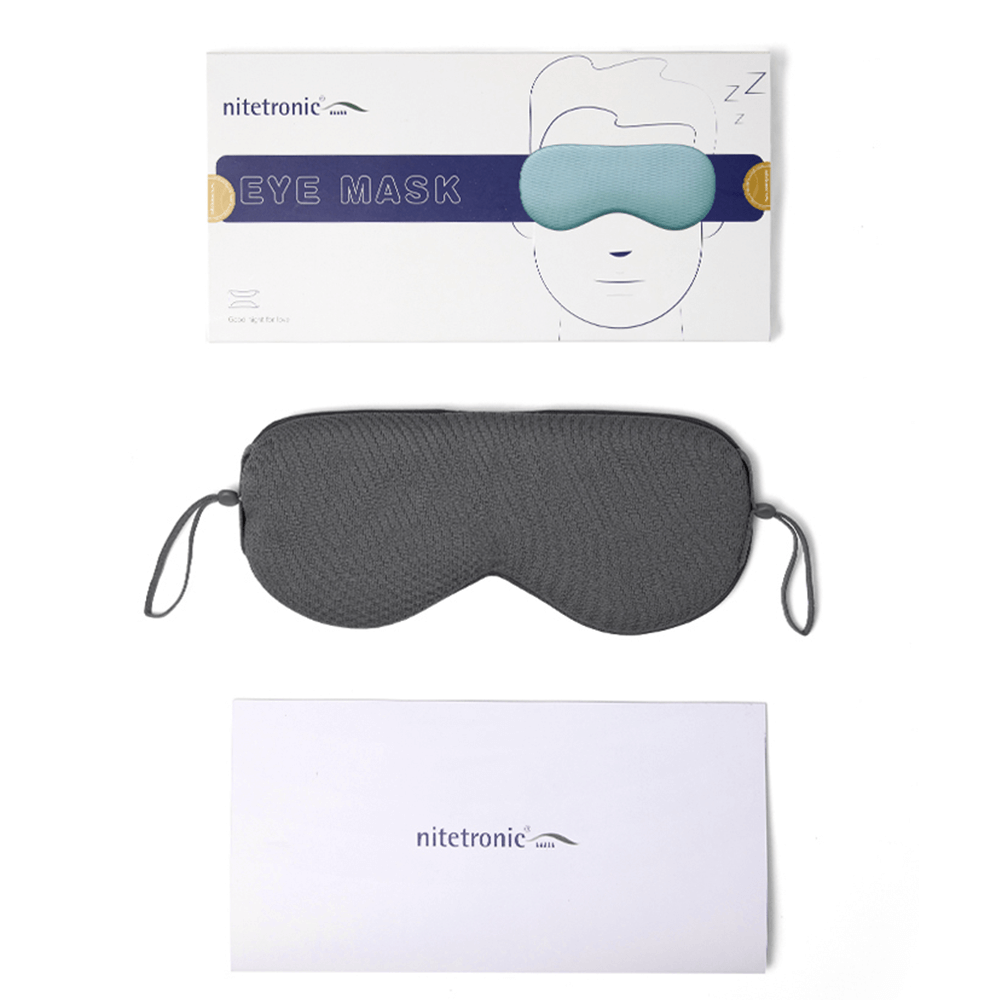 Nitetronic Sleep Mask with ergonomic design and packaging, featuring zero pressure, adjustable fit, and temperature control for better sleep.