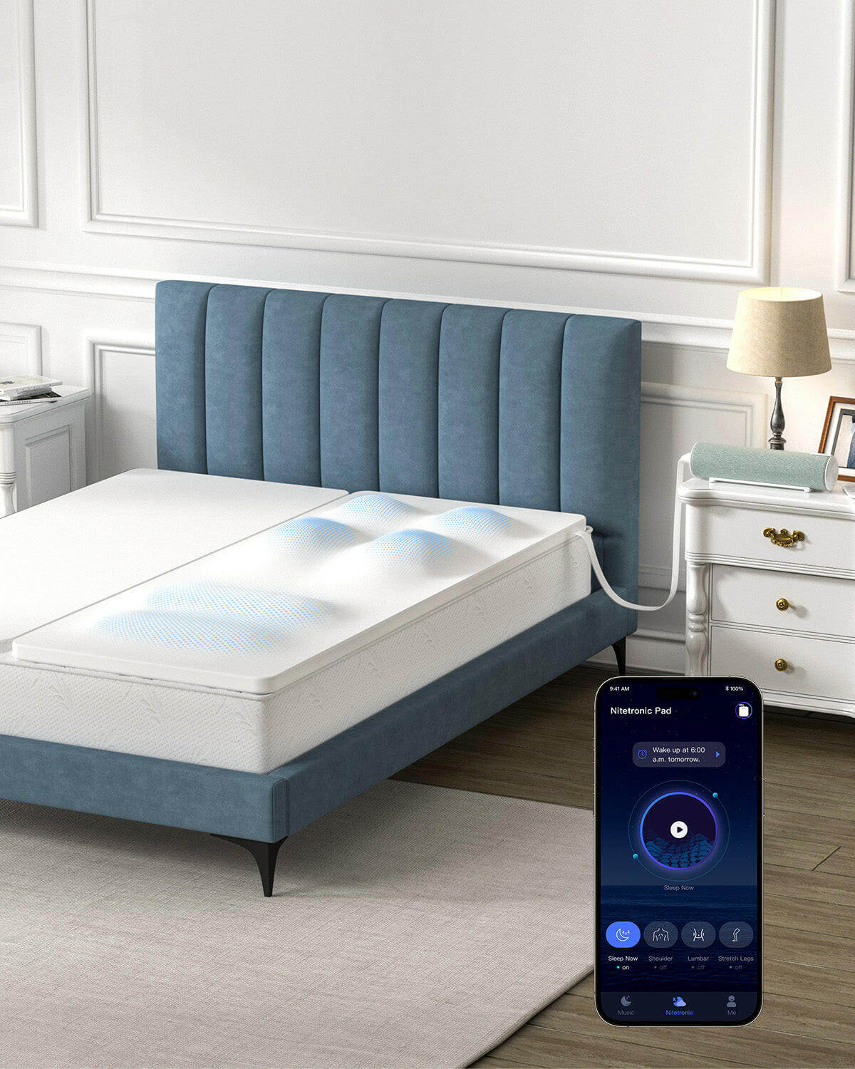 Nitetronic T3 Pro Smart Mattress Pad with air chambers on bed, connected to a phone app for enhanced sleep.