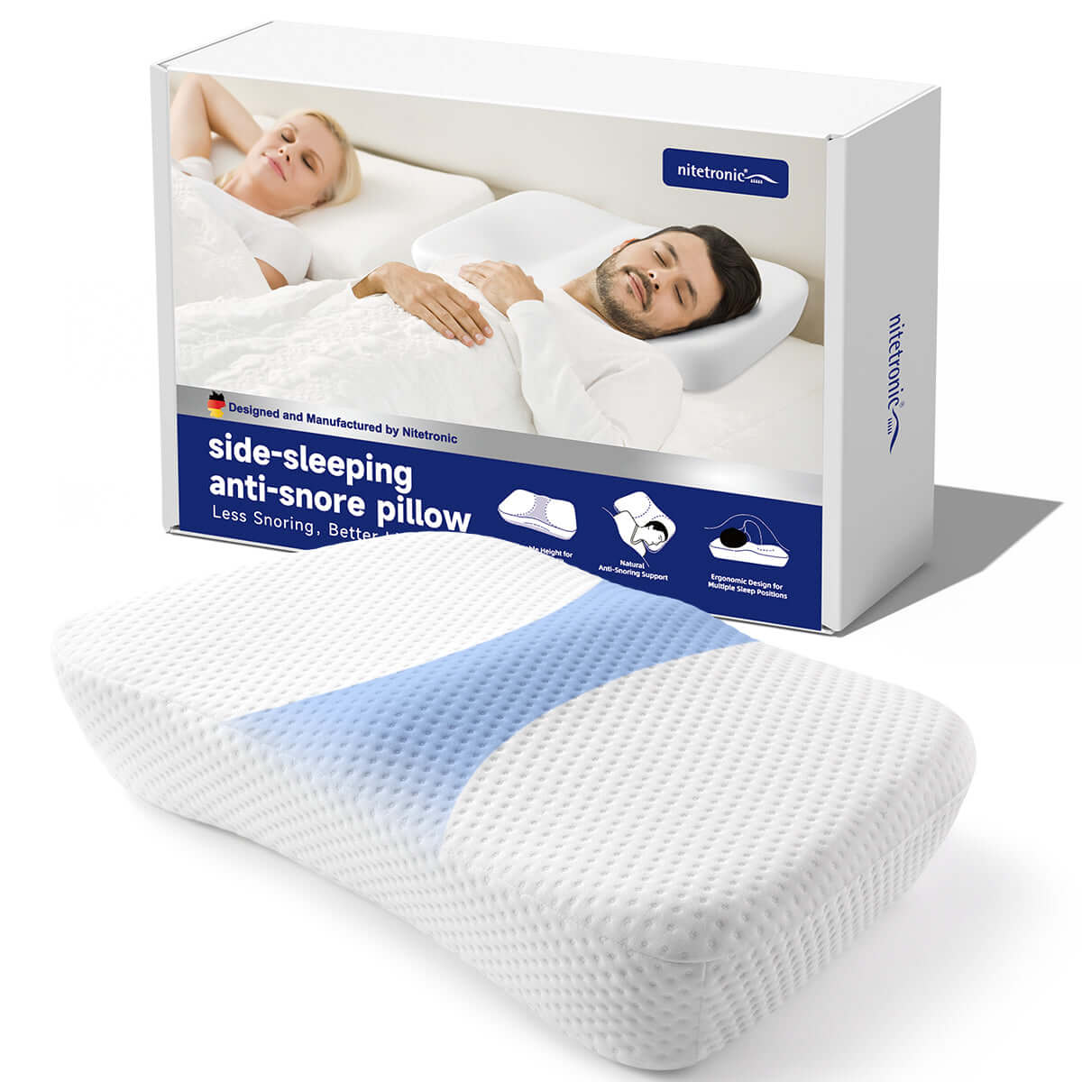 Nitetronic Z10 Side-Sleeping Anti-Snore Pillow with ergonomic design and high-elastic spandex cover for comfortable sleep.