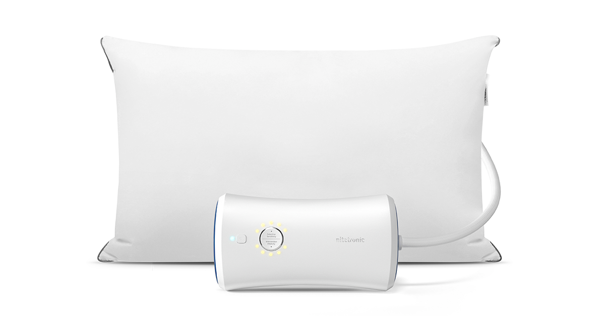 Adjustable pillow with attached control device on a white background.