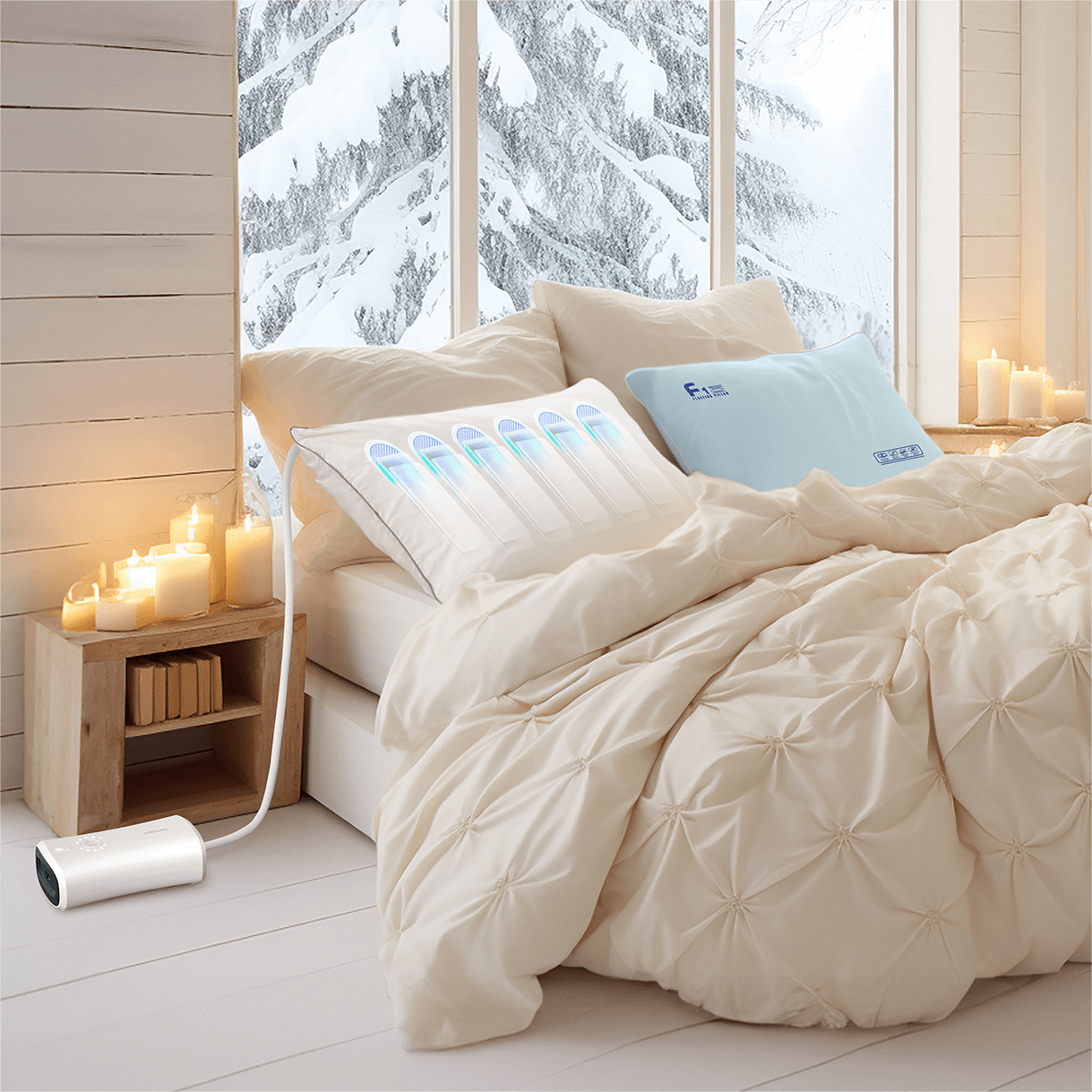 Cozy bedroom with pillows and a comforter, snow-covered window view, candles on nightstand, and a white electronic device.