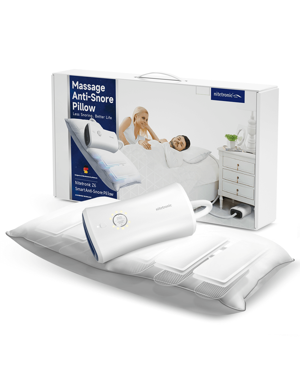 Nitetronic Z6 Smart Anti-Snore Pillow with MEMS sensors and adjustable height displayed in packaging for reducing snoring effectively.