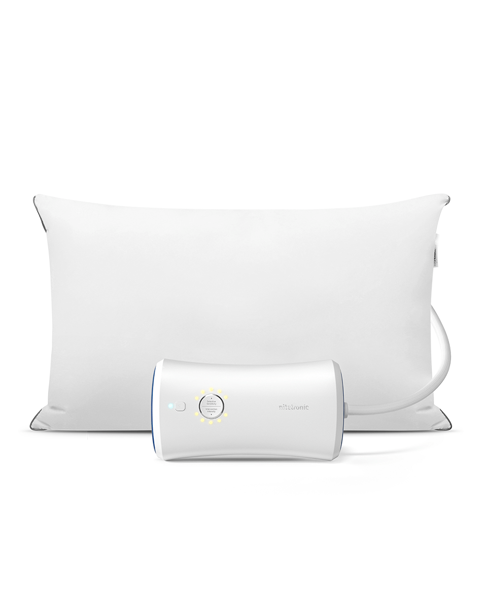 Nitetronic Z6 Smart Anti-Snore Pillow with MEMS sensors for snoring reduction and adjustable memory foam, shown with control unit.