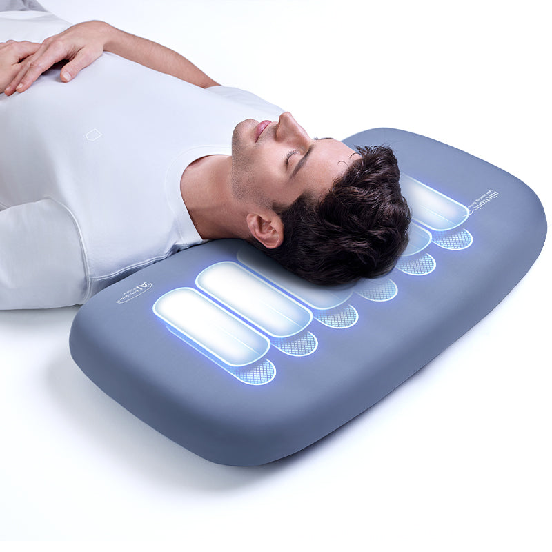 Person using Nitetronic A1 AI Anti-Snore Pillow with smart sensors for snoring reduction and sleep posture improvement.