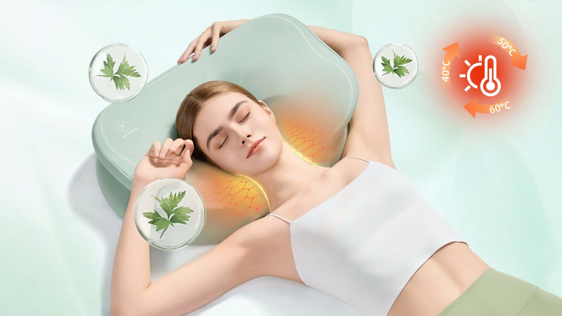 Woman sleeping on ergonomic Nitetronic H02 Lotus Cervical Neck Care Pillow with cervical traction and natural warmth for neck relief.