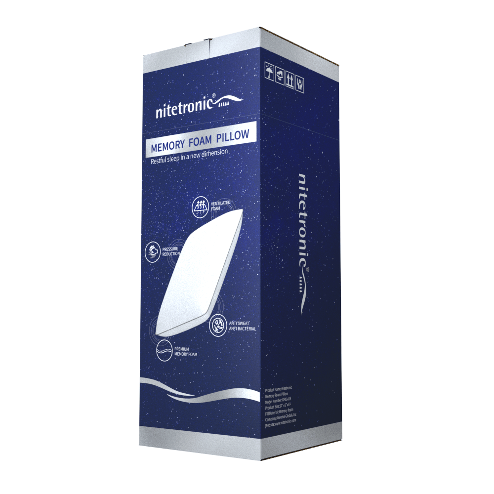 Nitetronic Memory Foam Pillow in packaging, offering personalized comfort and support with high-quality foam and a cotton cover.