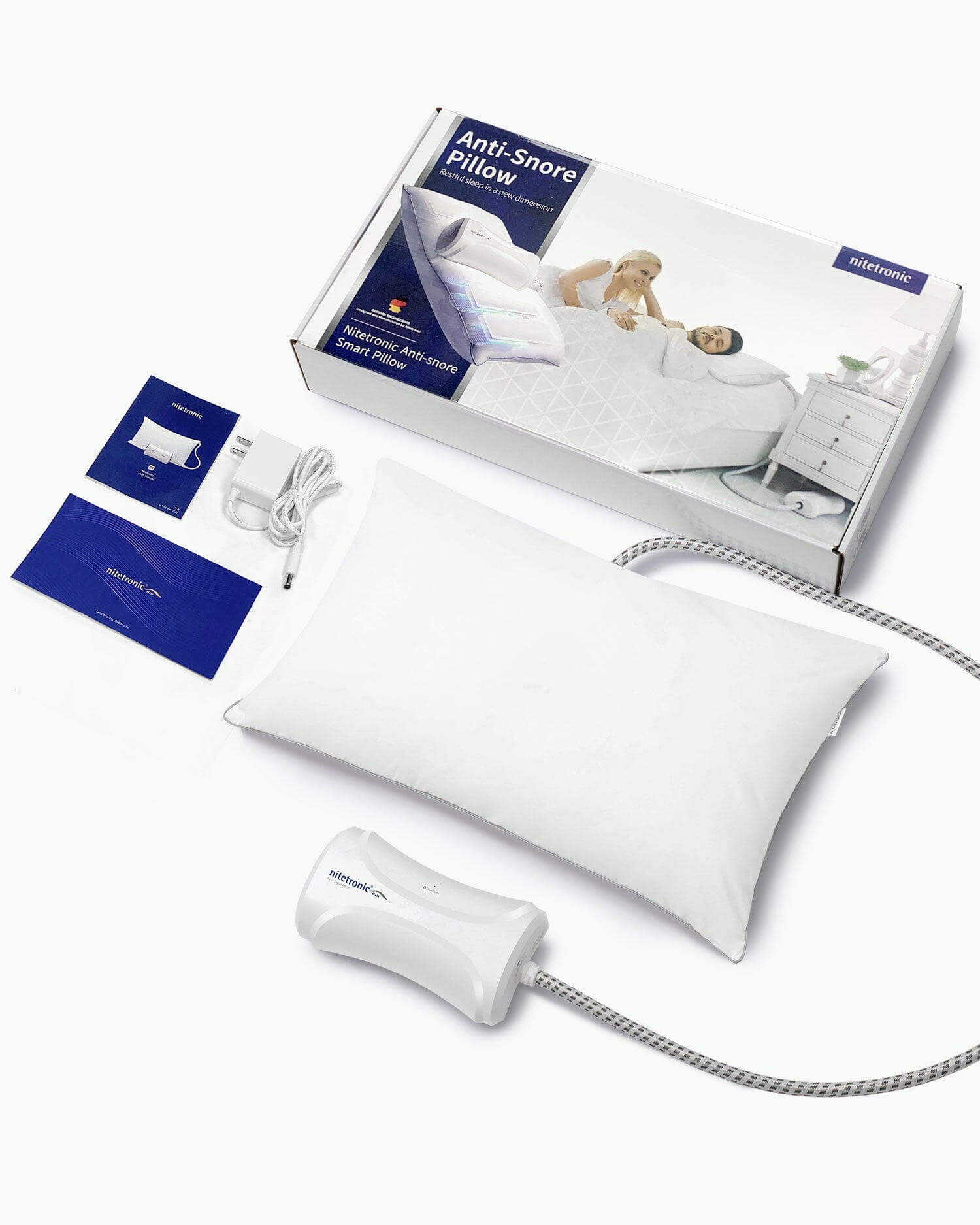 Nitetronic Z1 Smart Anti-Snore Pillow with packaging and user manual, designed to reduce or eliminate snoring for restful sleep.