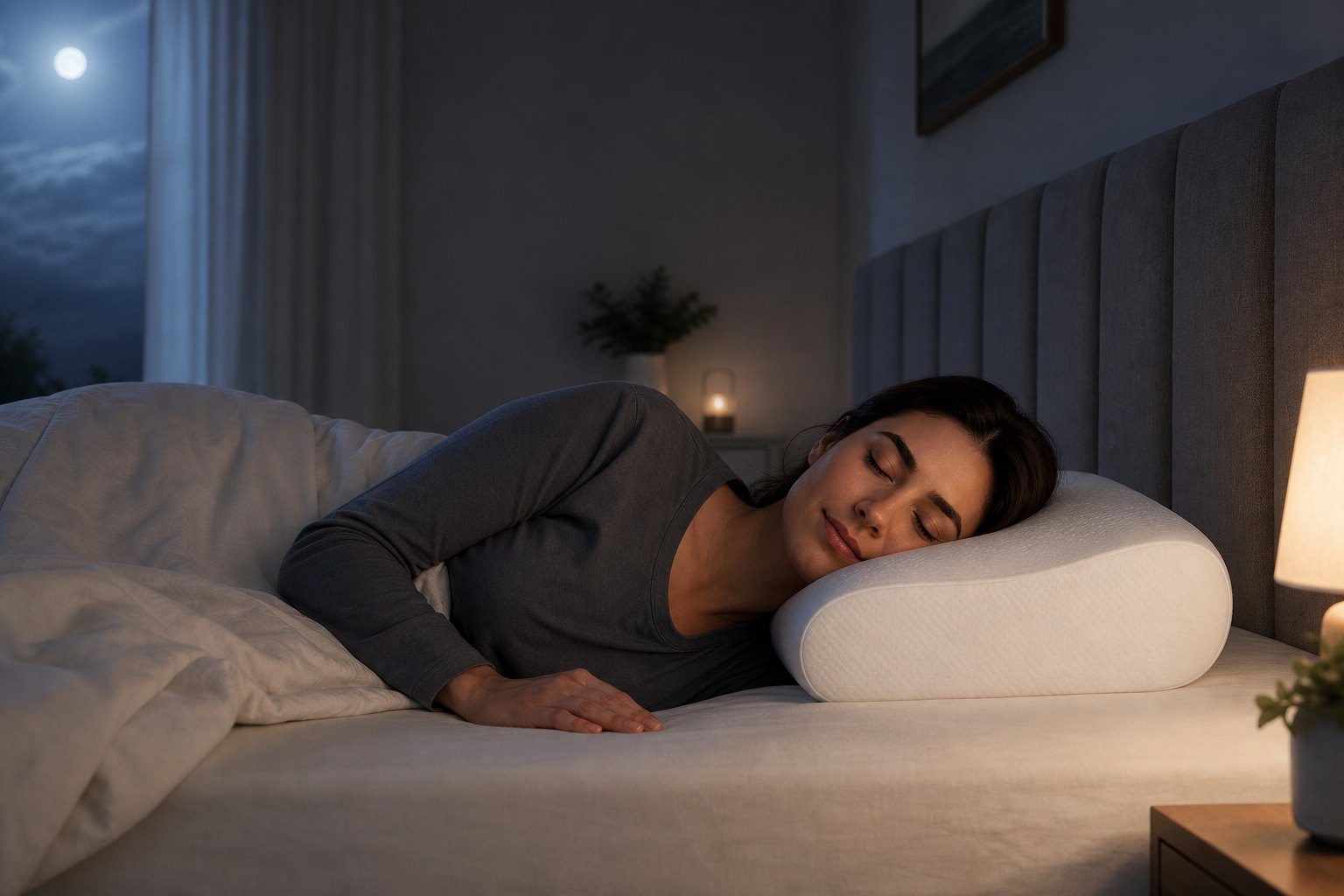Side sleeper resting with neutral neck alignment on a supportive pillow