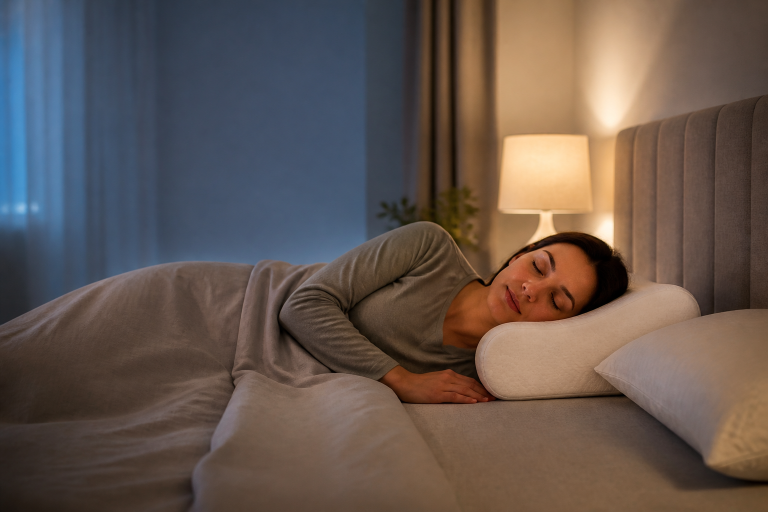 Side sleeper resting with neutral neck alignment on a supportive pillow