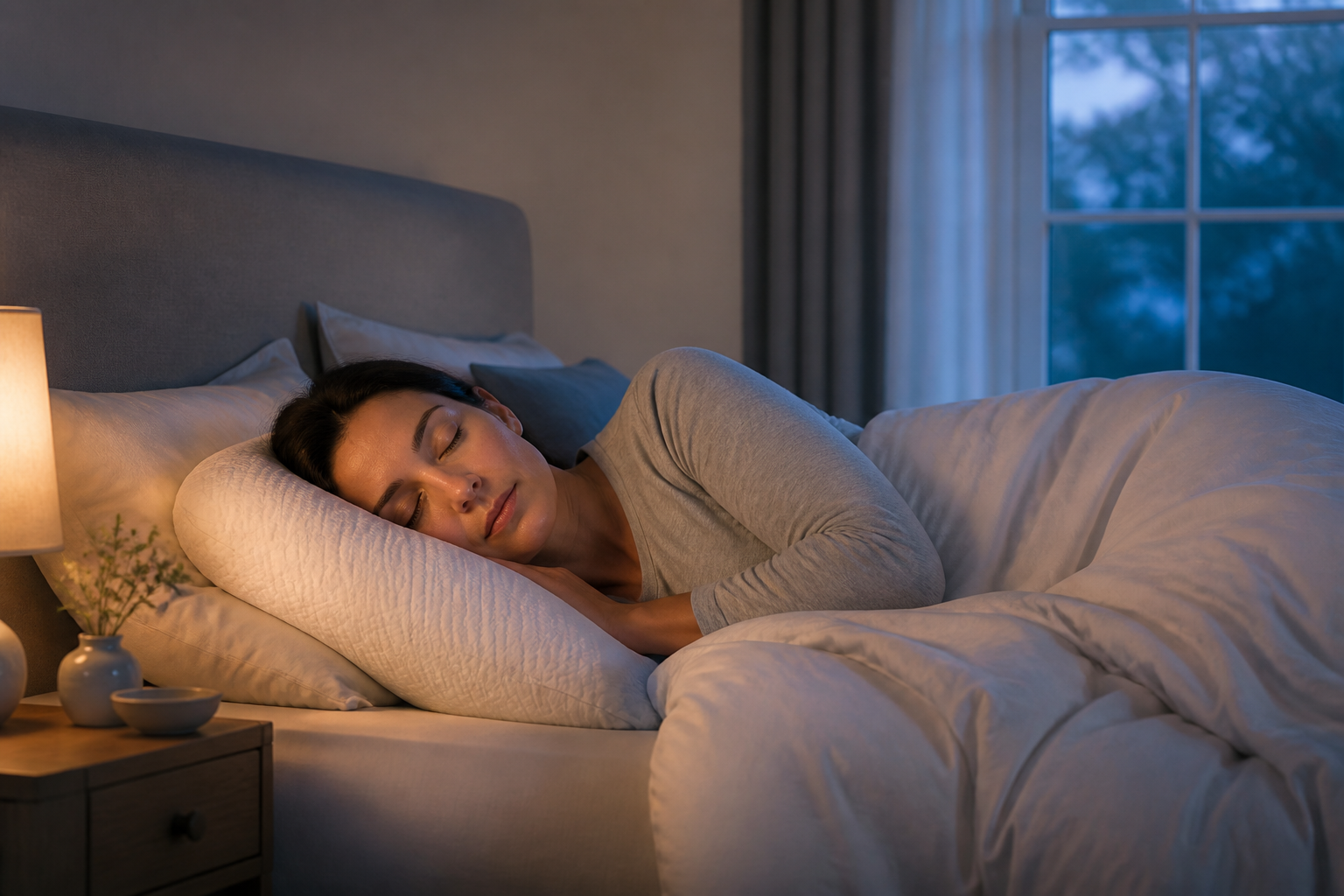 Side sleeper resting with neutral neck alignment on a supportive contoured pillow
