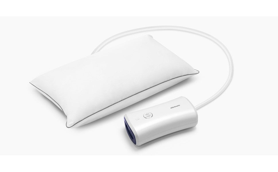 Nitetronic Z6 anti-snore pillow and connected controller on a white background