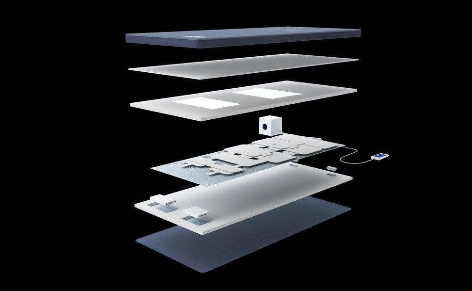 Exploded product rendering showing layers and controller of the Nitetronic G1 smart mattress pad