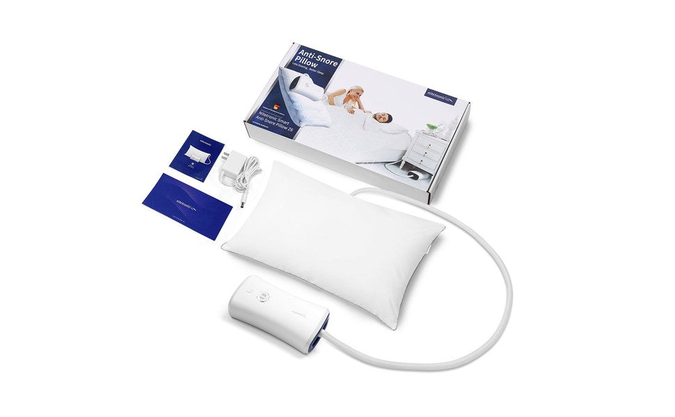 Real Nitetronic Z6 smart anti-snore pillow kit with pillow, controller, adapter, and packaging