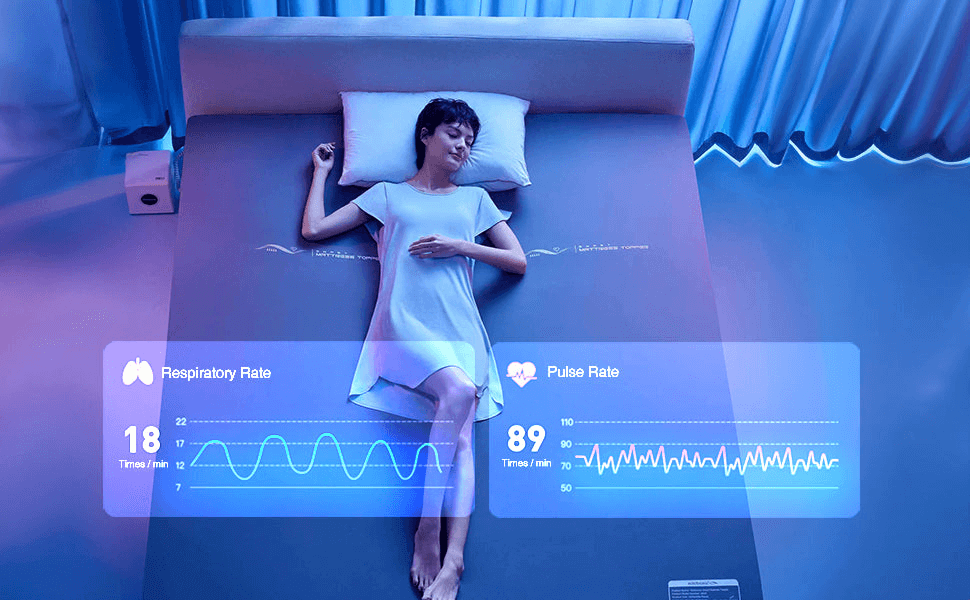 Woman sleeping on smart mattress pad with respiratory and pulse rate data display, enhancing intelligent sleep optimization.