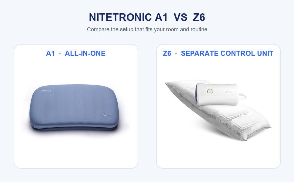 Nitetronic A1 and Z6 smart anti-snore pillows displayed side by side for a setup comparison