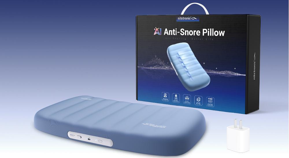 Anti-snore pillow shown with packaging and charger, designed to reduce snoring for improved sleep.