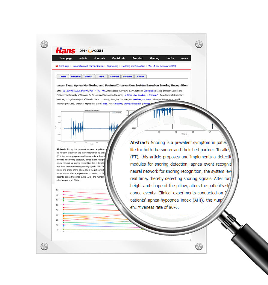 Magnifying glass highlighting a research paper abstract on sleep apnea monitoring and snoring detection.
