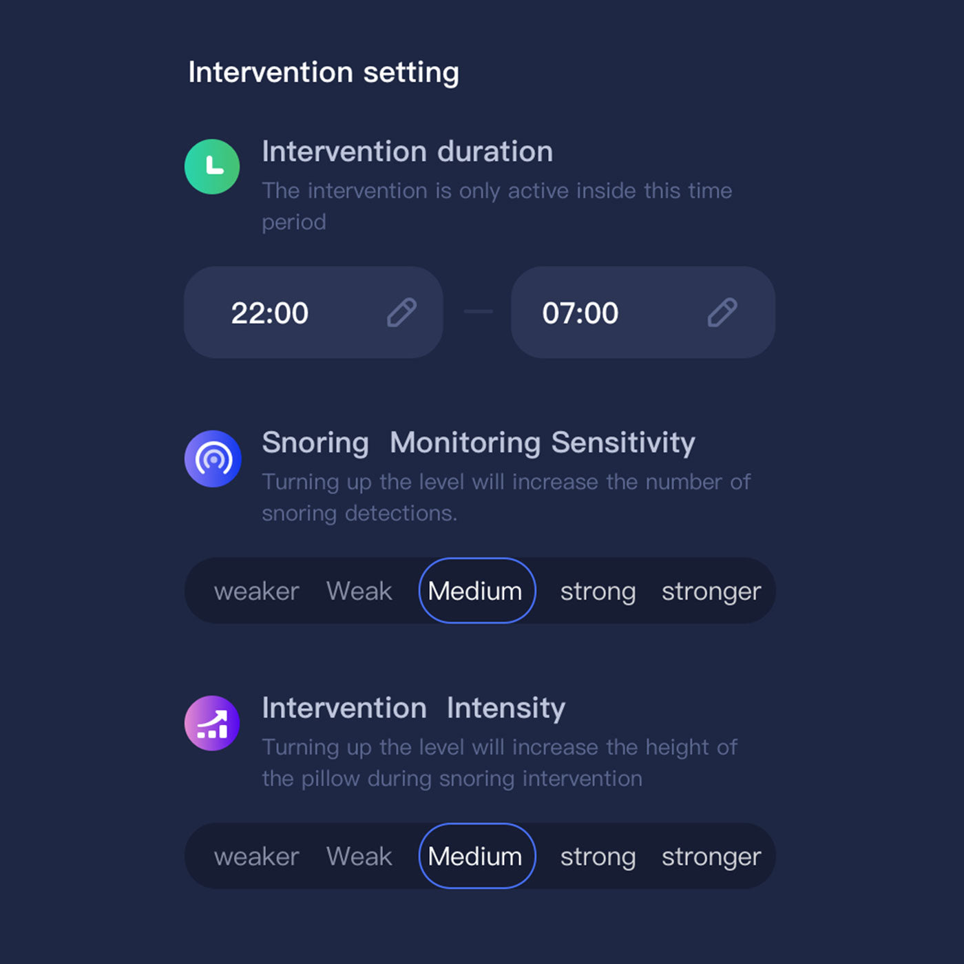 Nitetronic Z1 App Intervention Setting Image