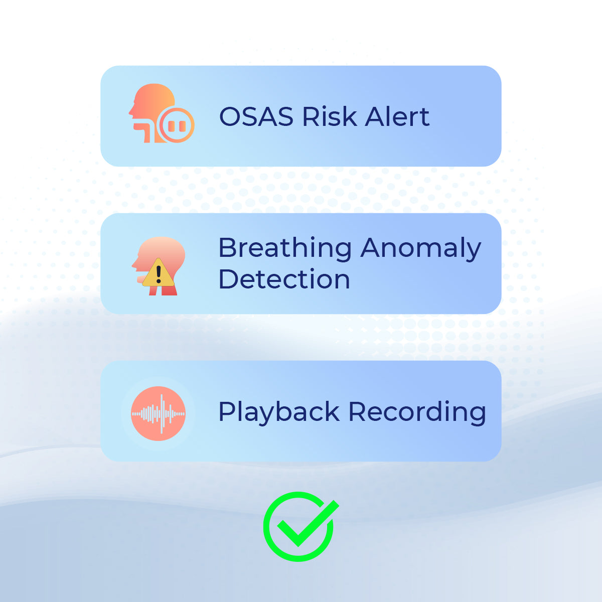 Illustration showing AI app features: OSAS Risk Alert, Breathing Anomaly Detection, and Playback Recording with checkmark icon.