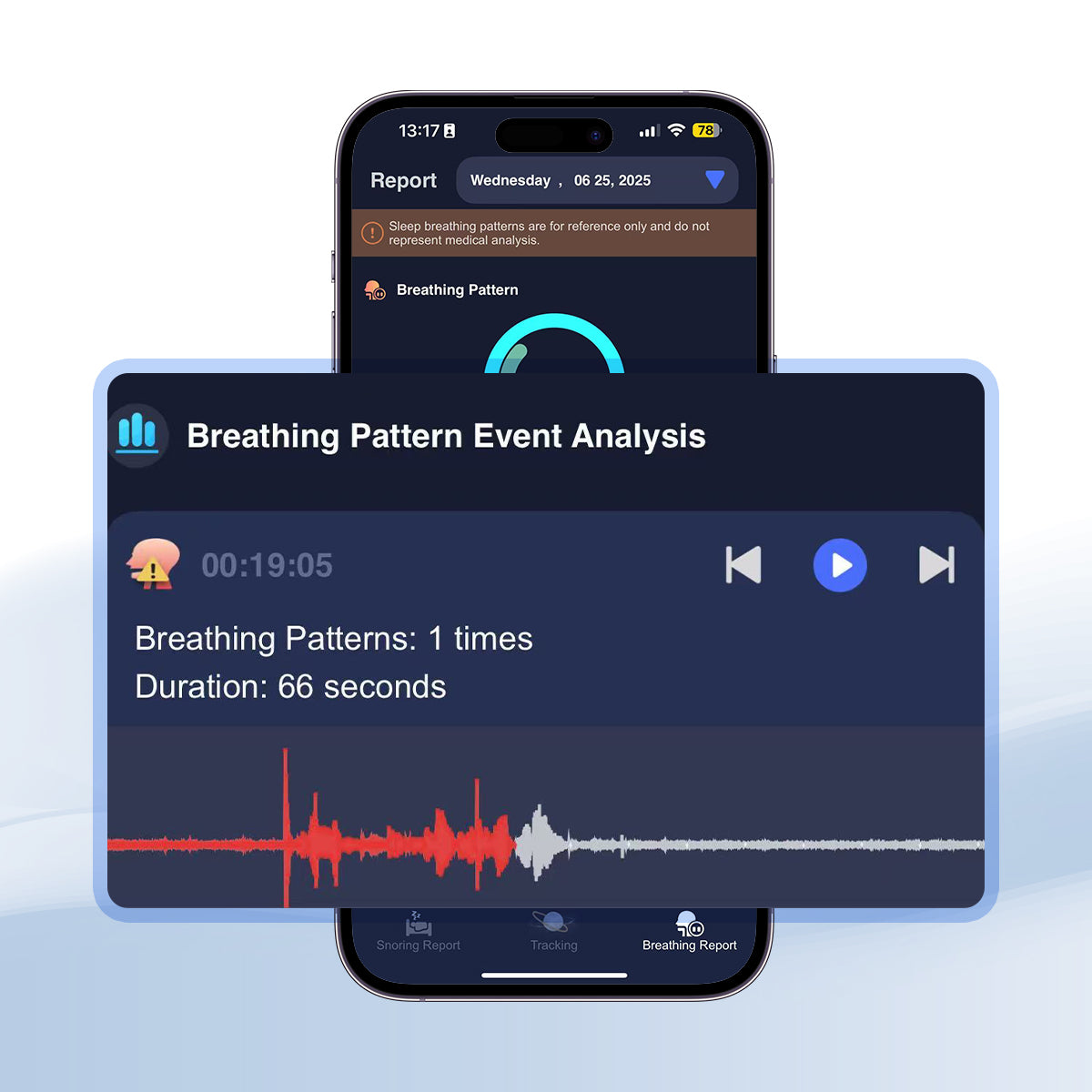 AI app displaying breathing pattern analysis with duration on a smartphone screen.
