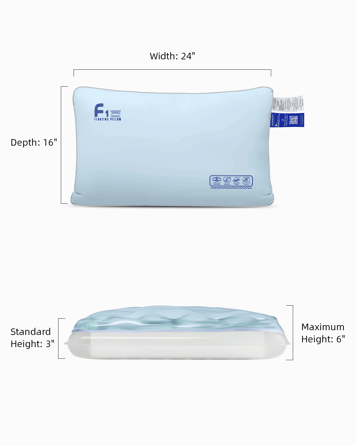 Nitetronic F1 Floating Pillow dimensions: 24" W x 16" D x 3-6" H, showcasing air-water tech for cool, adjustable support.